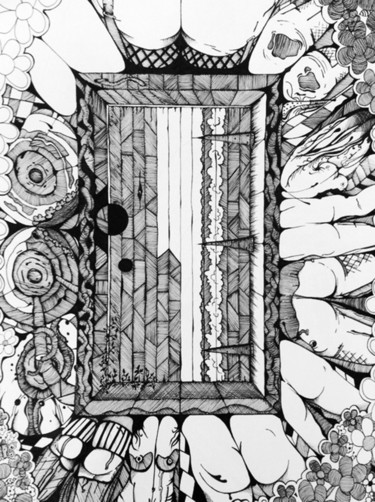 Zeichnungen mit dem Titel "The Door of intrigue" von Graham Rhodes, Original-Kunstwerk, Tinte