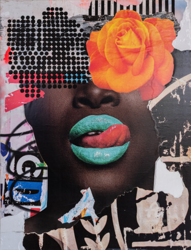 Collages intitulée "Rose" par Grandj, Œuvre d'art originale, Acrylique