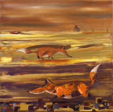 Pittura intitolato "Hunting Foxes" da Nikita Grazhevskiy, Opera d'arte originale, Olio Montato su Telaio per barella in legno