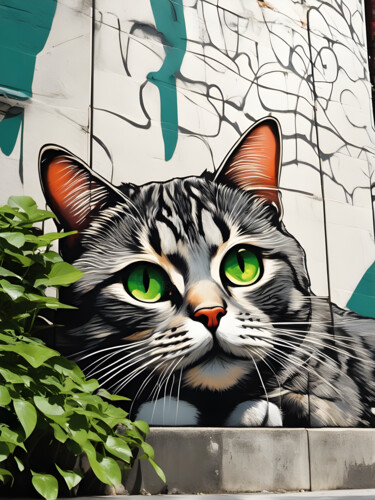 Digitale Kunst getiteld "Adorable tabby grey…" door Graphicnoir, Origineel Kunstwerk, AI gegenereerde afbeelding