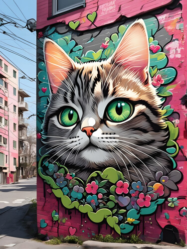 Digitale Kunst getiteld "Adorable tabby grey…" door Graphicnoir, Origineel Kunstwerk, AI gegenereerde afbeelding