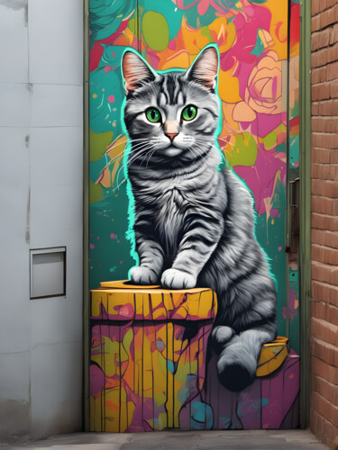 Digitale Kunst getiteld "Adorable tabby grey…" door Graphicnoir, Origineel Kunstwerk, AI gegenereerde afbeelding