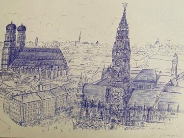 Drawing titled "Marienplatz" by Graustein, Original Artwork, Ballpoint pen