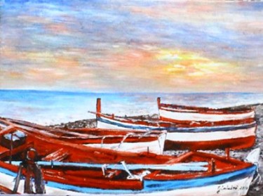 Painting titled "Barche" by Grazia Calabrò, Original Artwork, Oil