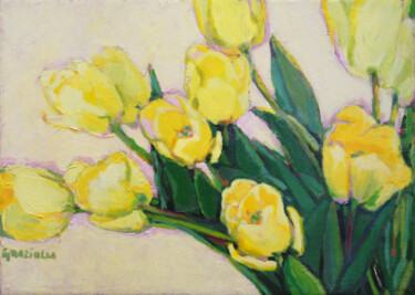 Painting titled "Tulipes jaunes" by Graziella Hannequin, Original Artwork, Acrylic Mounted on Wood Stretcher frame