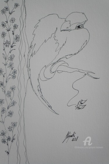 Zeichnungen mit dem Titel "flower-bird-grazyna…" von Grazyna Hajewski, Original-Kunstwerk, Tinte