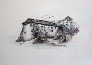 Рисунок под названием "castle-neuhaus-s-gr…" - Grazyna Hajewski, Подлинное произведение искусства, Древесный уголь