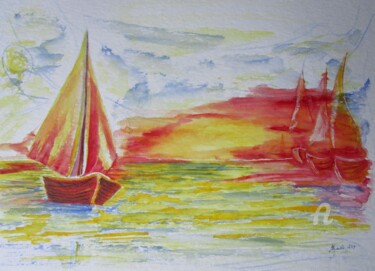 "three-sailing-boats…" başlıklı Tablo Grazyna Hajewski tarafından, Orijinal sanat, Suluboya