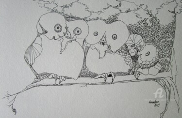 Drawing titled "owl story rumour co…" by Grazyna Hajewski, Original Artwork, Ink