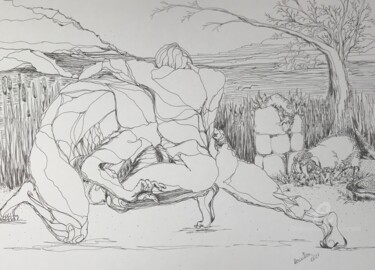 Dibujo titulada "Abel and Cain" por Grazyna Hajewski, Obra de arte original, Tinta