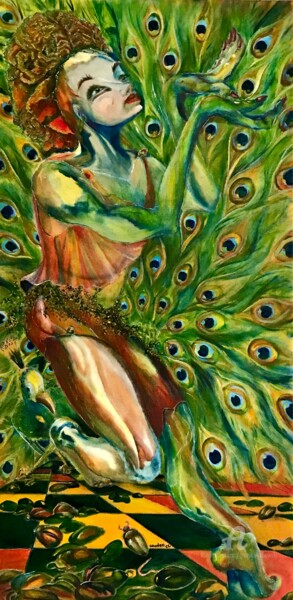 Pintura titulada "Erudition of Peacoc…" por Grazyna Hajewski, Obra de arte original, Oleo Montado en Panel de madera