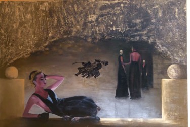 Malarstwo zatytułowany „Trzech w deszczu” autorstwa Grazyna Jezak, Oryginalna praca, Olej