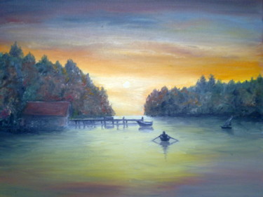 Malarstwo zatytułowany „Wschod nad jeziorem” autorstwa Grazyna Jezak, Oryginalna praca, Olej
