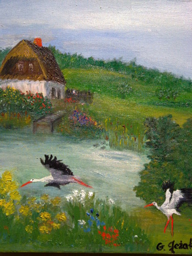 Painting titled "bociany" by Grazyna Jezak, Original Artwork