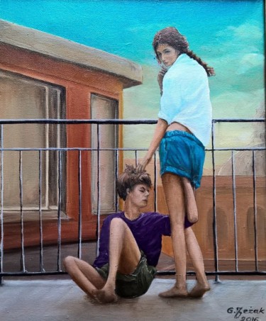 Malarstwo zatytułowany „„Na balkonie”” autorstwa Grazyna Jezak, Oryginalna praca, Olej
