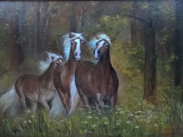 Painting titled "galop w lesie" by Grazyna Jezak, Original Artwork, Oil