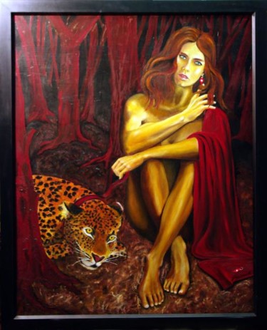 Pittura intitolato "Donna con leopardo" da Greco Baracchi, Opera d'arte originale