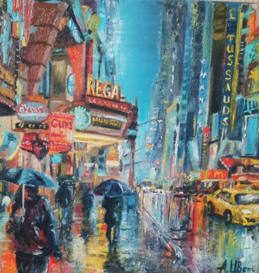 Картина под названием "Городской дождь" - Анастасия Цветкова, Подлинное произведение искусства, Масло Установлен на Деревянн…