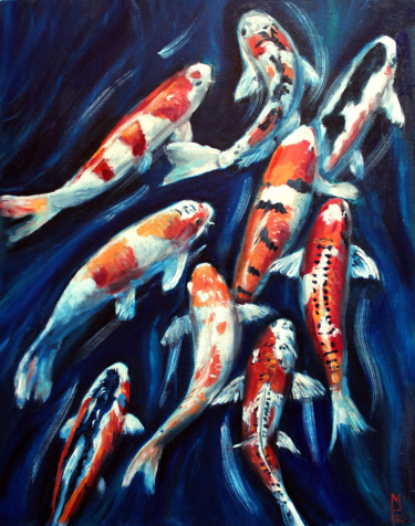 Nine koi carp Картина под названием "Nine koi carp" - Mary Grinkevich, Подлинное произведение искусства, Масло Установлен на картон