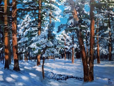 Sunny day in winter forest, landscape painting Painting titled "Sunny day in winter…" by Mary Grinkevich, Original Art, Oil Mounted on Cardboard