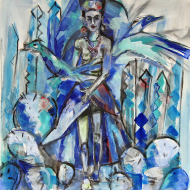 Ζωγραφική με τίτλο "Frida et les oiseau…" από Sylvie Penet, Αυθεντικά έργα τέχνης, Χρωστικές ουσίες
