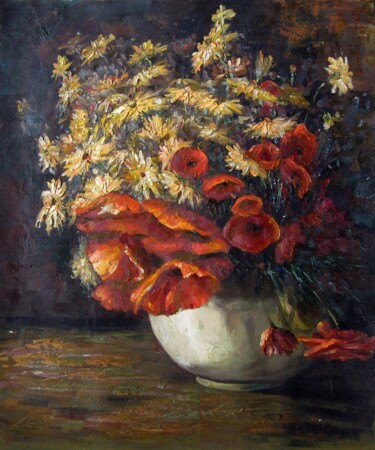 Painting titled "Vase flower 330" by Greg Leander, Original Artwork, Oil Mounted on Wood Stretcher frame