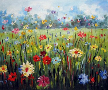 Картина под названием "Flower Field 201" - Greg Leander, Подлинное произведение искусства, Масло Установлен на Деревянная ра…