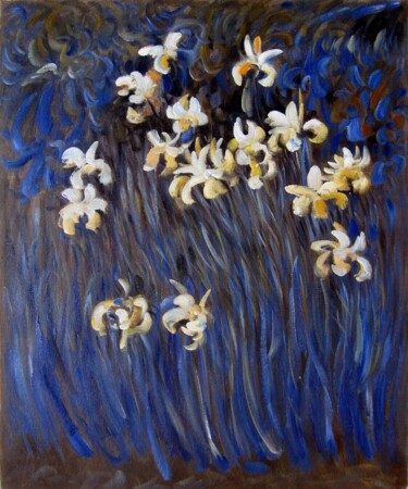 Painting titled "Irises 001" by Greg Leander, Original Artwork, Oil Mounted on Wood Stretcher frame