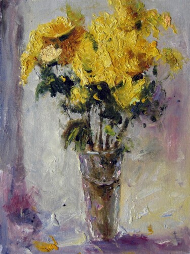 Painting titled "Vase Flower 012" by Greg Leander, Original Artwork, Oil Mounted on Wood Stretcher frame