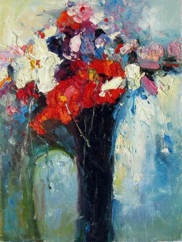 Painting titled "Vase Flower 016" by Greg Leander, Original Artwork, Oil Mounted on Wood Stretcher frame