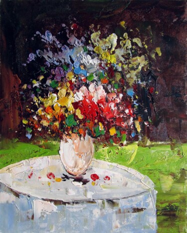 Painting titled "Vase Flower 106" by Greg Leander, Original Artwork, Oil Mounted on Wood Stretcher frame
