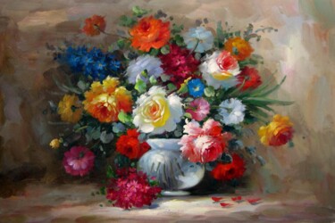 Painting titled "Vase Flower 523" by Greg Leander, Original Artwork, Oil Mounted on Wood Stretcher frame