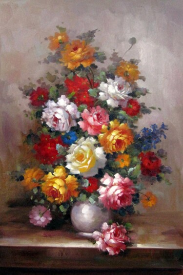 Painting titled "Vase Flower 525" by Greg Leander, Original Artwork, Oil Mounted on Wood Stretcher frame