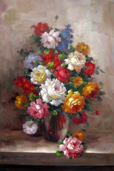 Painting titled "Vase Flower 526" by Greg Leander, Original Artwork, Oil Mounted on Wood Stretcher frame