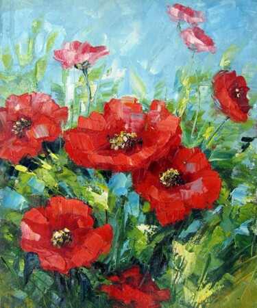 Painting titled "Poppies 006" by Greg Leander, Original Artwork, Oil Mounted on Wood Stretcher frame