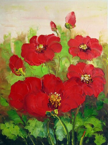 Painting titled "Red flower 001" by Greg Leander, Original Artwork, Oil Mounted on Wood Stretcher frame