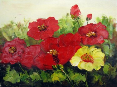 Painting titled "Red flower 002" by Greg Leander, Original Artwork, Oil Mounted on Wood Stretcher frame