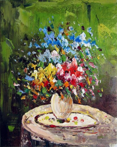 Painting titled "Vase Flower 109" by Greg Leander, Original Artwork, Oil Mounted on Wood Stretcher frame
