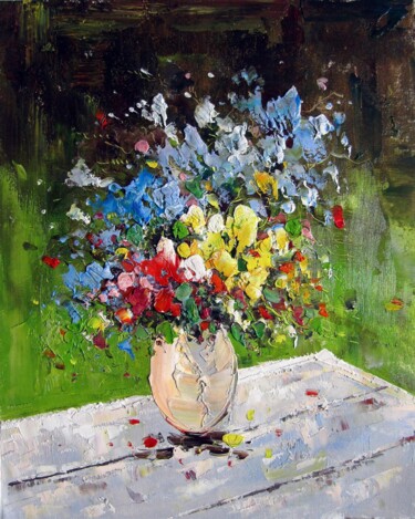 Painting titled "Vase Flower 110" by Greg Leander, Original Artwork, Oil Mounted on Wood Stretcher frame