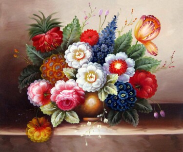 Painting titled "Flower tradtional 1…" by Greg Leander, Original Artwork, Oil Mounted on Wood Stretcher frame