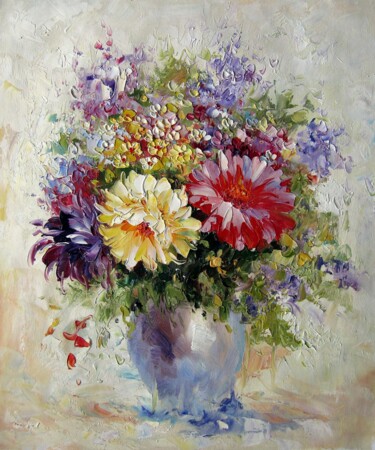 Painting titled "Vase Flower 306" by Greg Leander, Original Artwork, Oil Mounted on Wood Stretcher frame