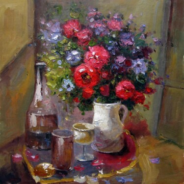 Painting titled "Flower and still li…" by Greg Leander, Original Artwork, Oil Mounted on Wood Stretcher frame