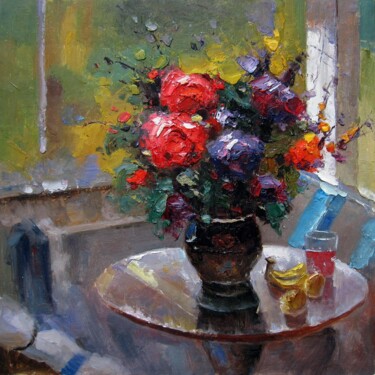 Painting titled "Flower and still li…" by Greg Leander, Original Artwork, Oil Mounted on Wood Stretcher frame