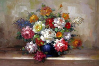Painting titled "Vase Flower 528" by Greg Leander, Original Artwork, Oil Mounted on Wood Stretcher frame