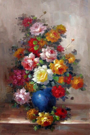 Painting titled "Vase Flower 529" by Greg Leander, Original Artwork, Oil Mounted on Wood Stretcher frame