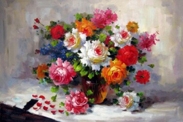 Painting titled "Vase Flower 530" by Greg Leander, Original Artwork, Oil Mounted on Wood Stretcher frame