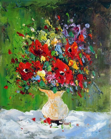 Painting titled "Vase Flower 111" by Greg Leander, Original Artwork, Oil Mounted on Wood Stretcher frame