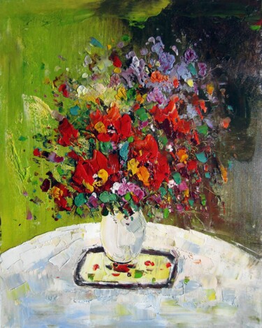 Painting titled "Vase Flower 112" by Greg Leander, Original Artwork, Oil Mounted on Wood Stretcher frame