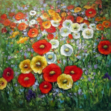 Painting titled "Flower field 205D" by Greg Leander, Original Artwork, Oil Mounted on Wood Stretcher frame