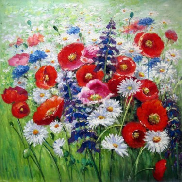 Картина под названием "Flower field 206D" - Greg Leander, Подлинное произведение искусства, Масло Установлен на Деревянная р…